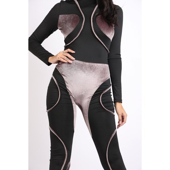 Women's High Neck Velvet Binding Detailed Colorblocked Black-Silver Jumpsuit - Picture 11 of 11